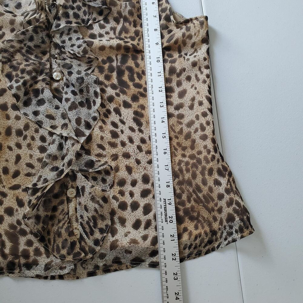 90s Silkland Blouse Womens Medium Brown Leopard Silk Ruffle Sleeveless Top - Picture 8 of 9